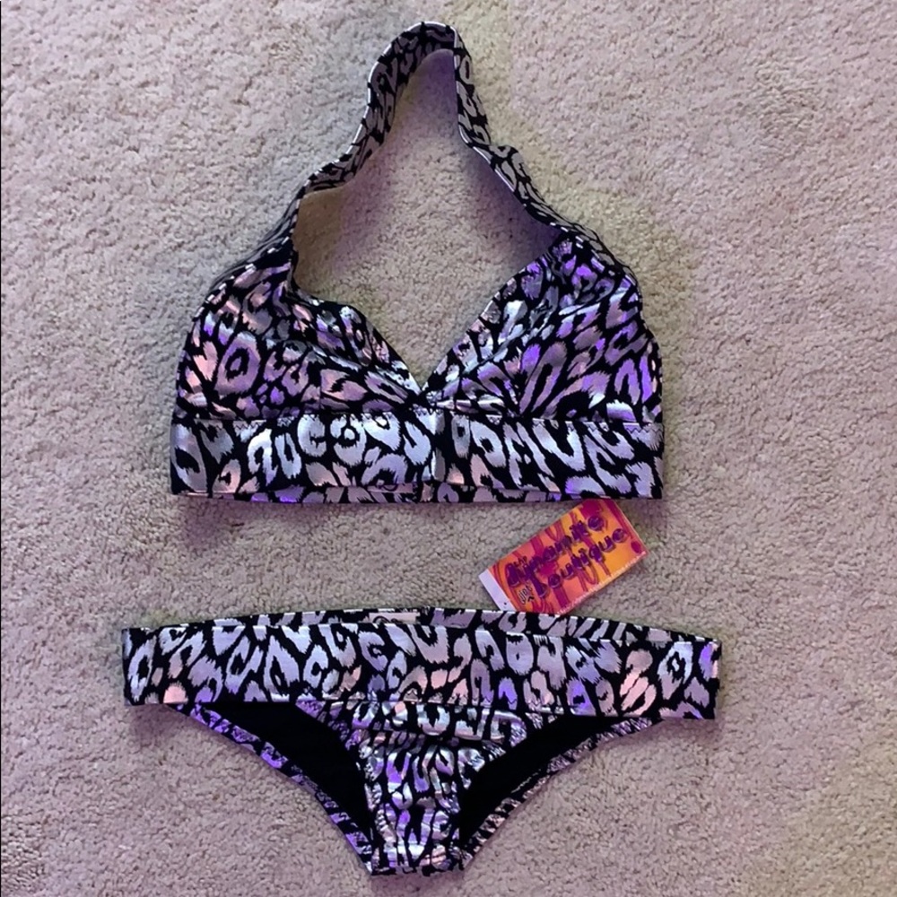 Silver Leopard Pinup Plunge Halter Hipster XS NWT